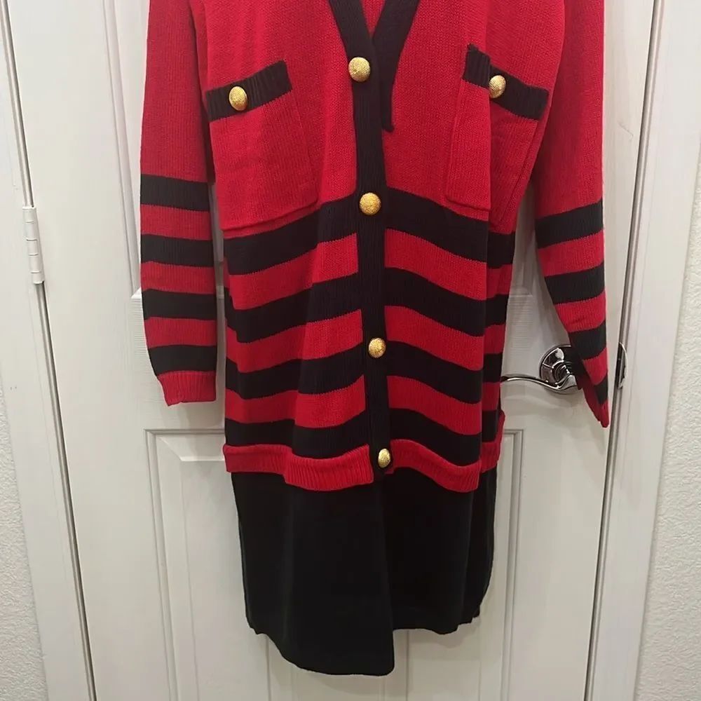AMilano Collection Red Black Cardigan Sweater Dress Sz Large Long Sleeve Stripes - Picture 5 of 10